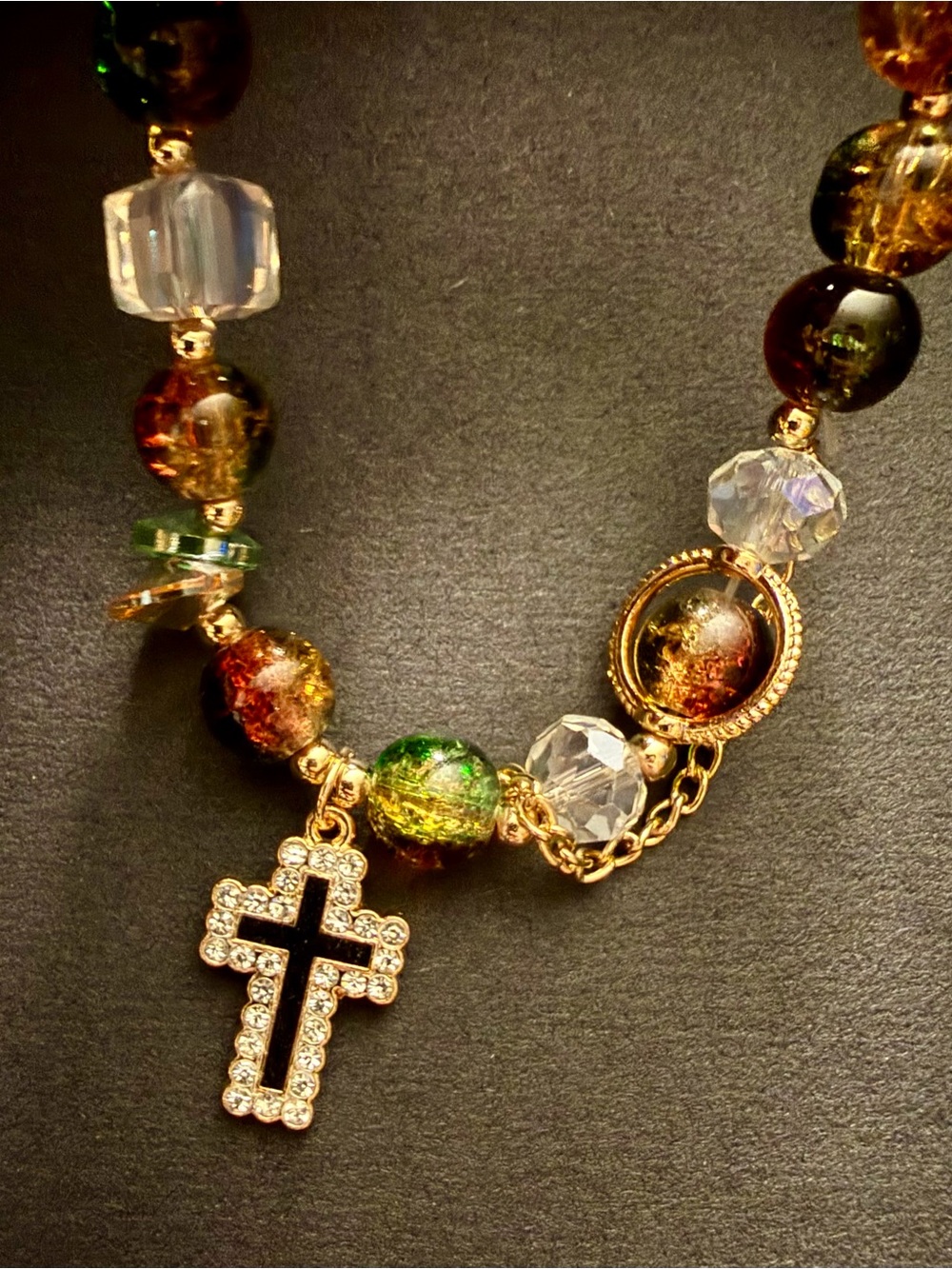 Multicolor Glass Bead Bracelet Set with Crystal Cross Charms - Picture 3 of 3
